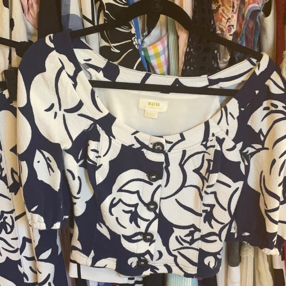 Anthropologie Maeve Amiens Blue & White Floral Puffed Sleeve Cropped Blouse - Picture 8 of 10